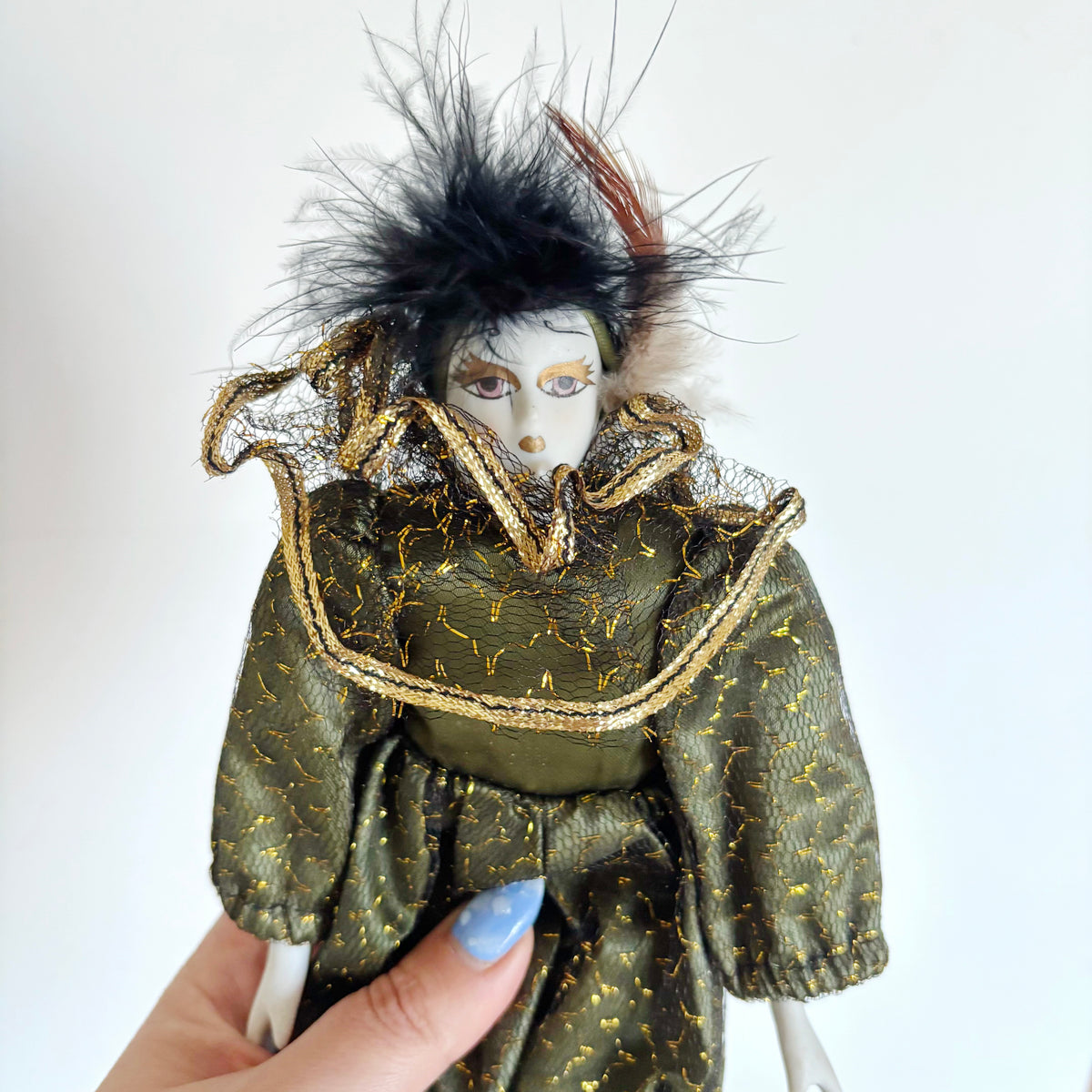 Vintage Porcelain Doll 23 cm-9 in – German Collectible Figurine – Porcelain Clown Doll with Green Gold Outfit – European Decorative Doll
