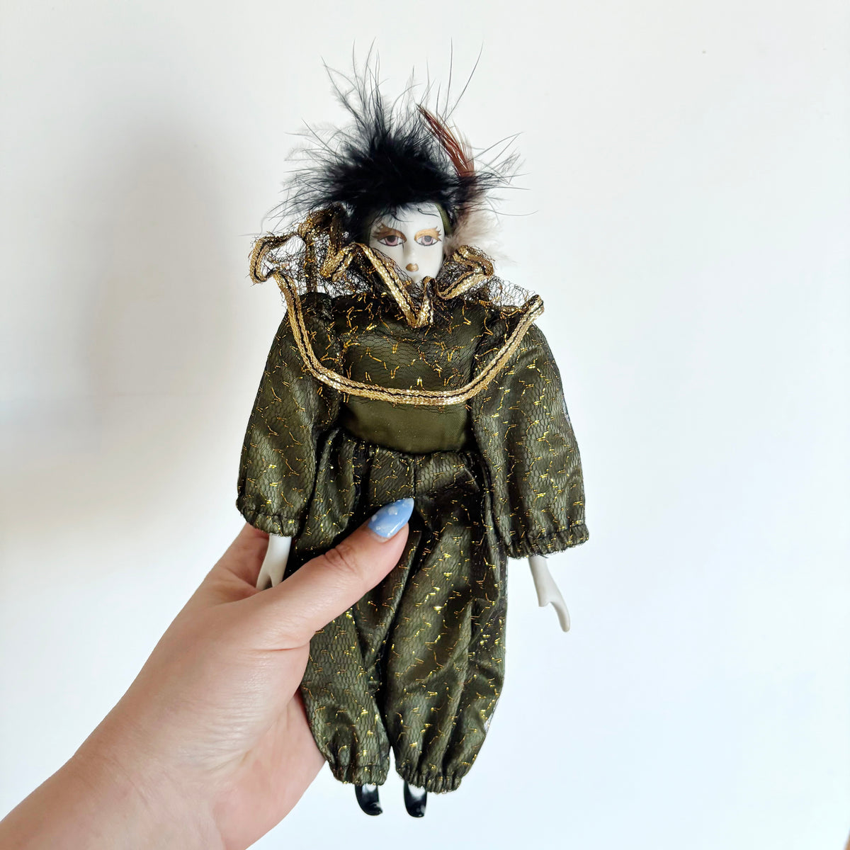 Vintage Porcelain Doll 23 cm-9 in – German Collectible Figurine – Porcelain Clown Doll with Green Gold Outfit – European Decorative Doll