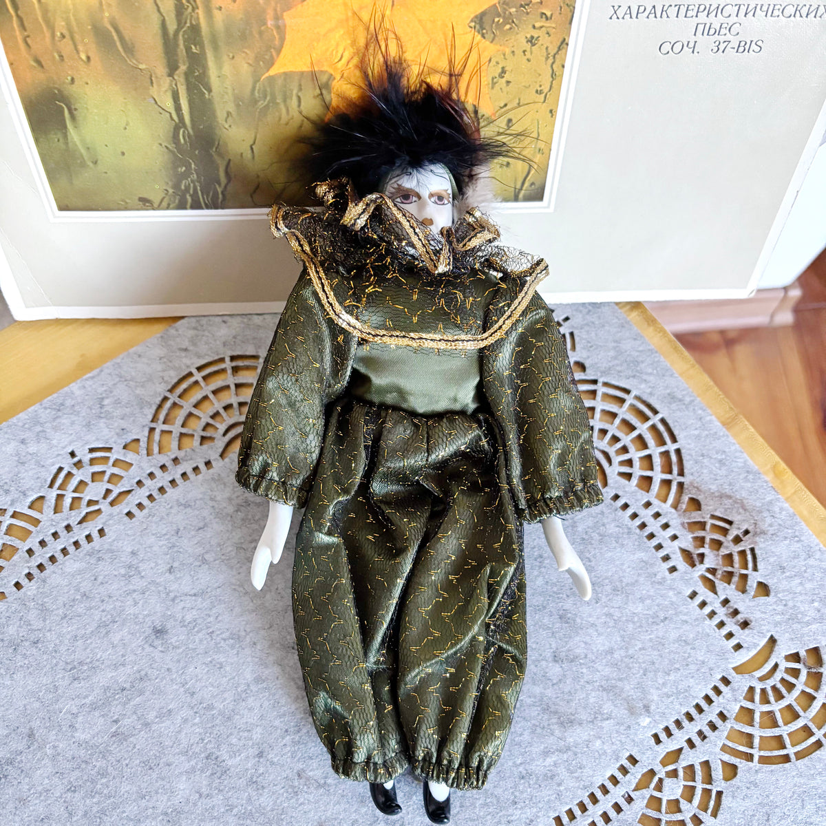 Vintage Porcelain Doll 23 cm-9 in – German Collectible Figurine – Porcelain Clown Doll with Green Gold Outfit – European Decorative Doll
