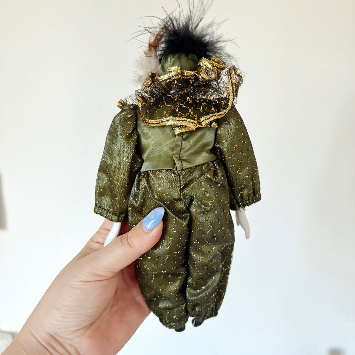 Vintage Porcelain Doll 23 cm-9 in – German Collectible Figurine – Porcelain Clown Doll with Green Gold Outfit – European Decorative Doll