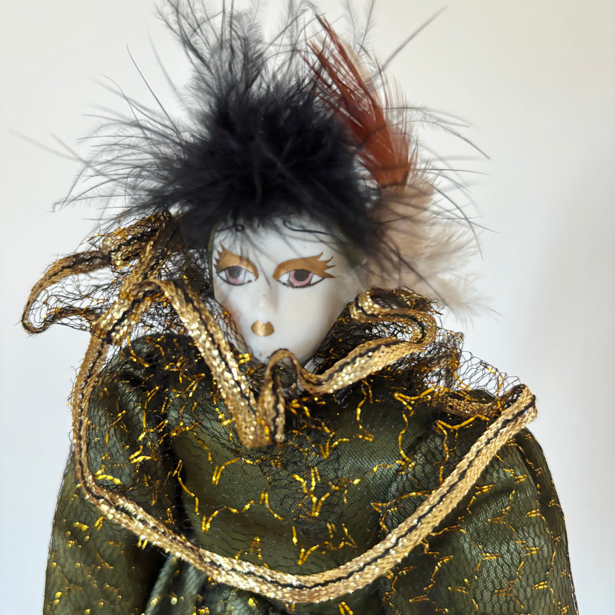 Vintage Porcelain Doll 23 cm-9 in – German Collectible Figurine – Porcelain Clown Doll with Green Gold Outfit – European Decorative Doll