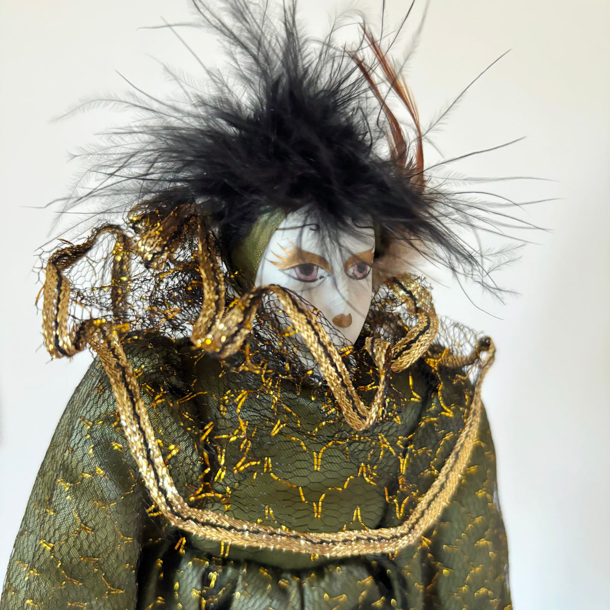 Vintage Porcelain Doll 23 cm-9 in – German Collectible Figurine – Porcelain Clown Doll with Green Gold Outfit – European Decorative Doll
