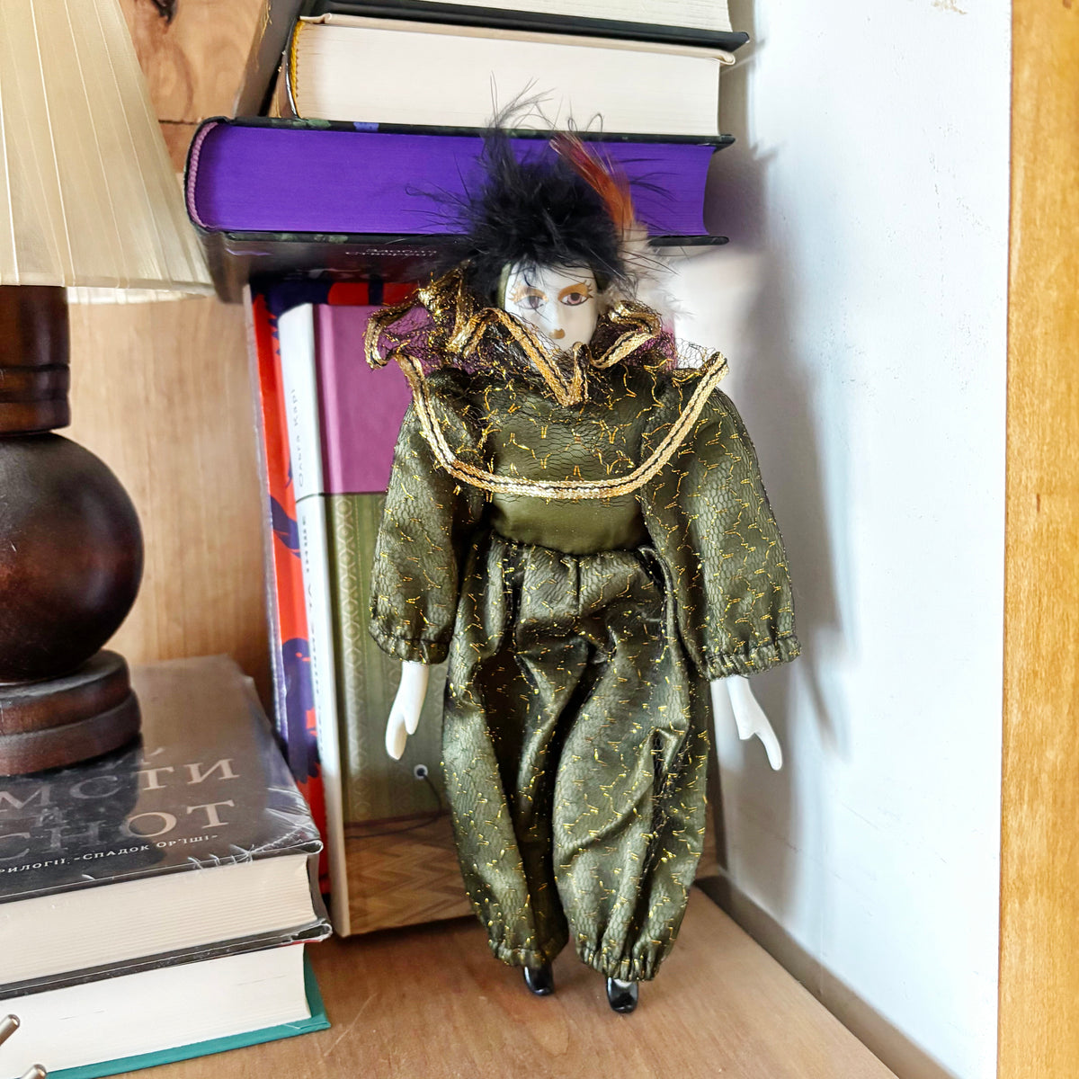 Vintage Porcelain Doll 23 cm-9 in – German Collectible Figurine – Porcelain Clown Doll with Green Gold Outfit – European Decorative Doll