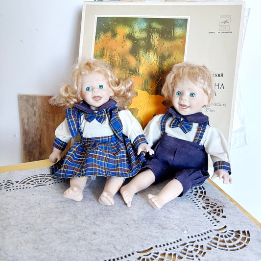 Vintage German Porcelain Doll Set - Boy and Girl Pair with Porcelain Faces, Hands and Feet – Collectible Dolls - 1980s German Figurines