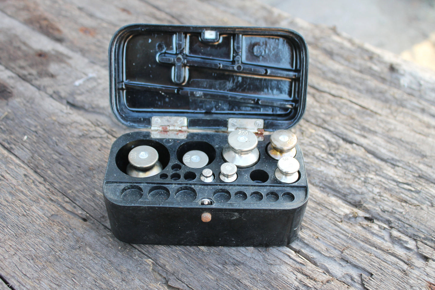 Incomplete  Soviet set of weights, Scale weights, Scales weight in box, Laboratory equipment, Apothecary Scale weights, Bakelite box, 1973