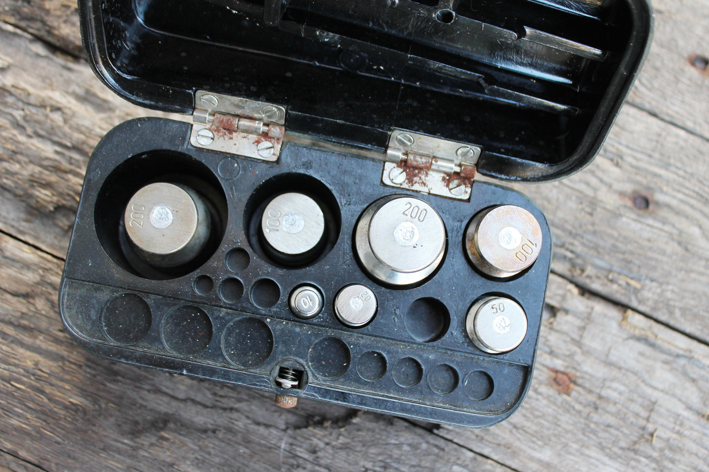 Incomplete  Soviet set of weights, Scale weights, Scales weight in box, Laboratory equipment, Apothecary Scale weights, Bakelite box, 1973