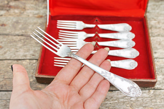 Set of 6 vintage silverplated forks in original box - vintage silverware - vintage kitchen - USSR forks - 1970ss