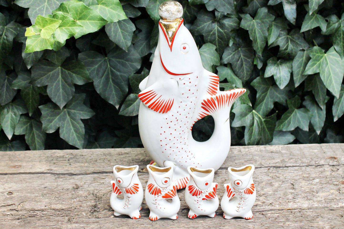 Vintage Ceramic Fish Drinking Set - The family of carp - 1970s - from Ukraine / Soviet Union / USSR