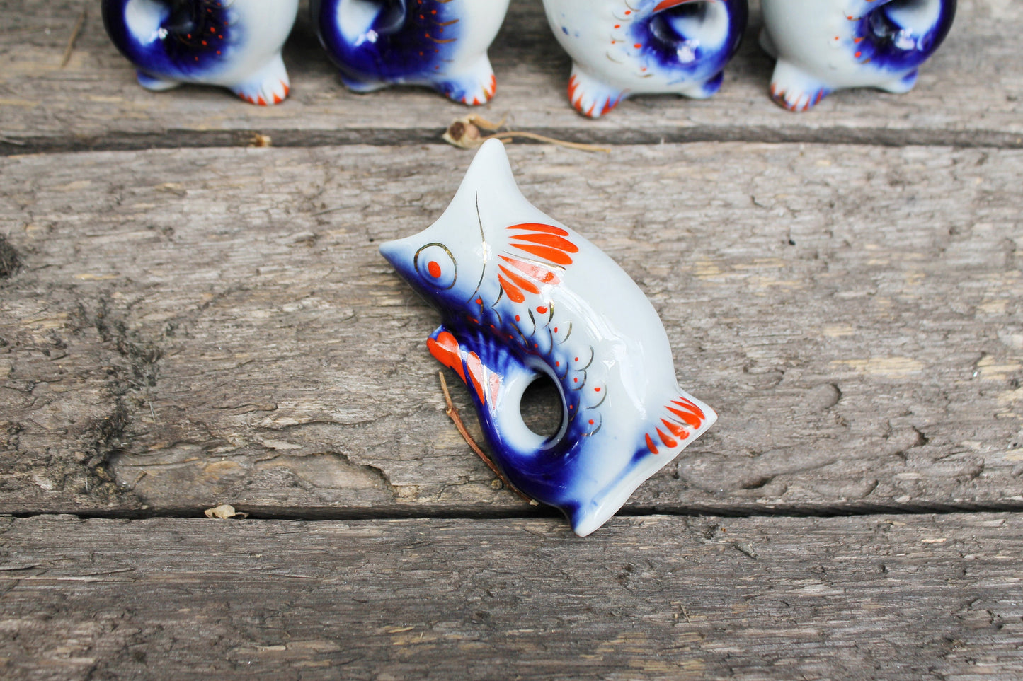 Vintage Ceramic Drinking Set of 5 small fishes - The family of carp - White and Blue - 1970s - from USSR / Soviet Union / Soviet Ukraine