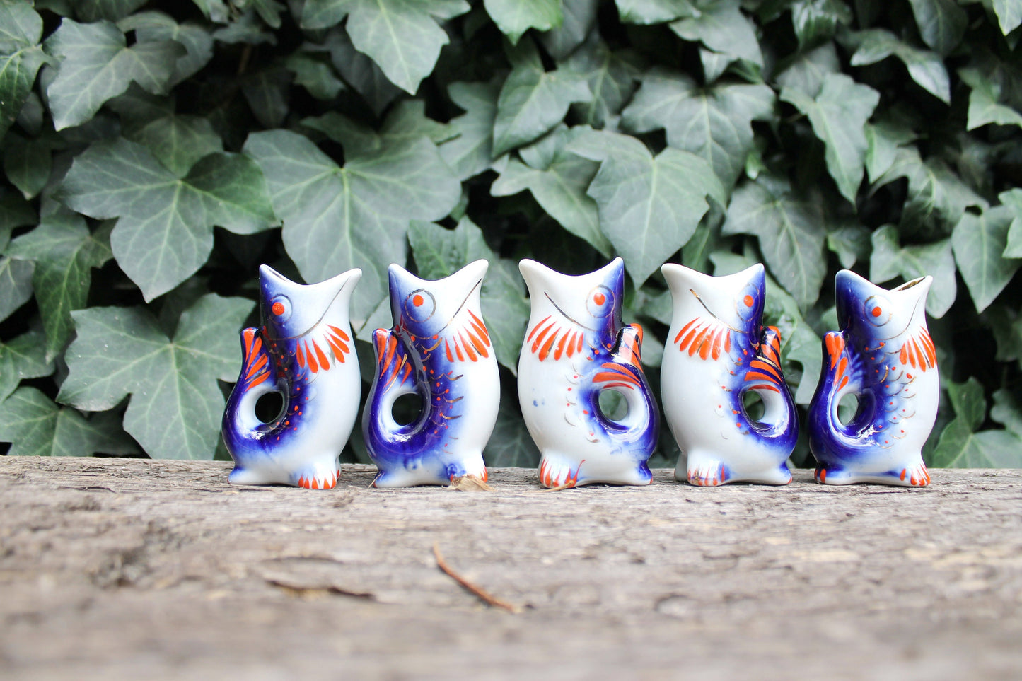 Vintage Ceramic Drinking Set of 5 small fishes - The family of carp - White and Blue - 1970s - from USSR / Soviet Union / Soviet Ukraine