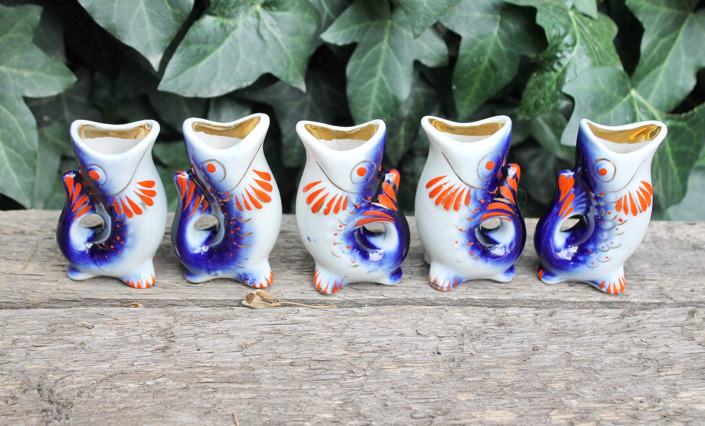 Vintage Ceramic Drinking Set of 5 small fishes - The family of carp - White and Blue - 1970s - from USSR / Soviet Union / Soviet Ukraine