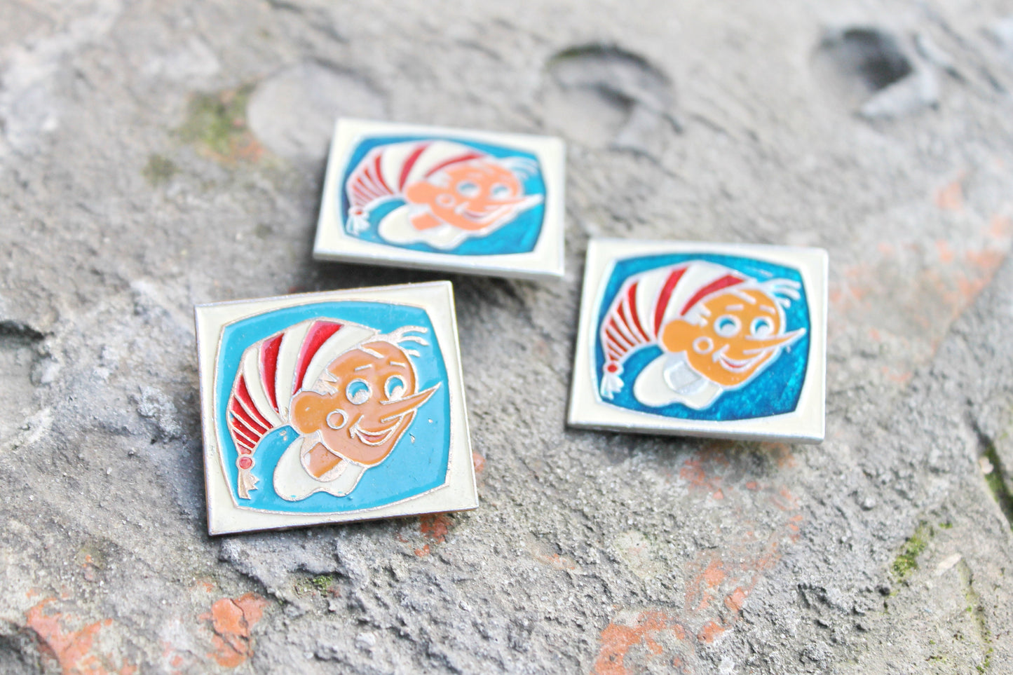 Vintage soviet children's pins badges "Pinocchio" - fairytale, made in USSR, 1970s