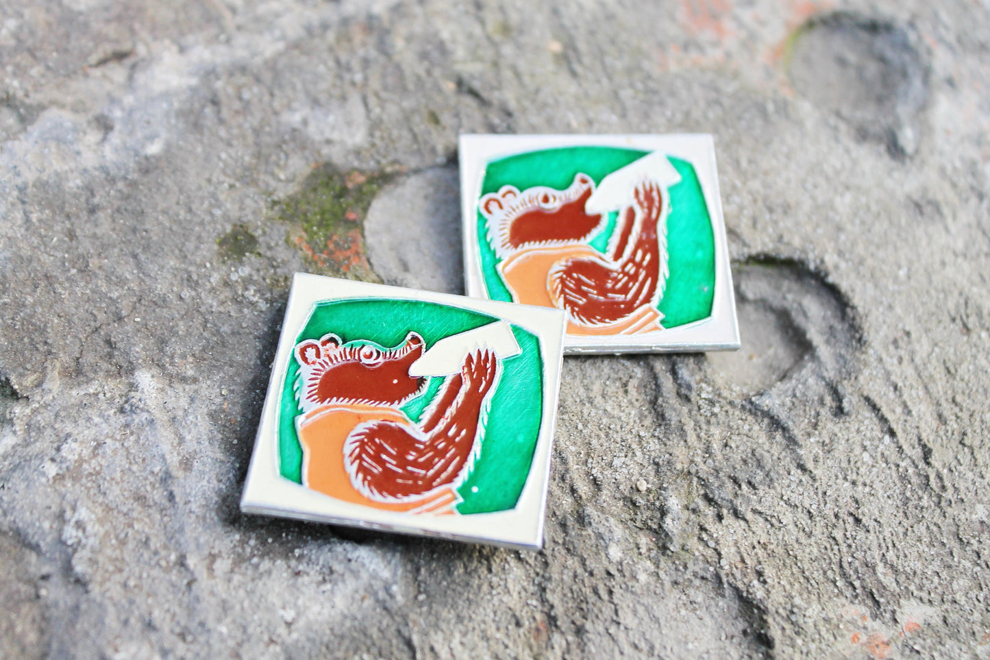 Set of two Vintage soviet children's pins badges "Bear drinks milk" - fairytale, made in USSR, 1970s