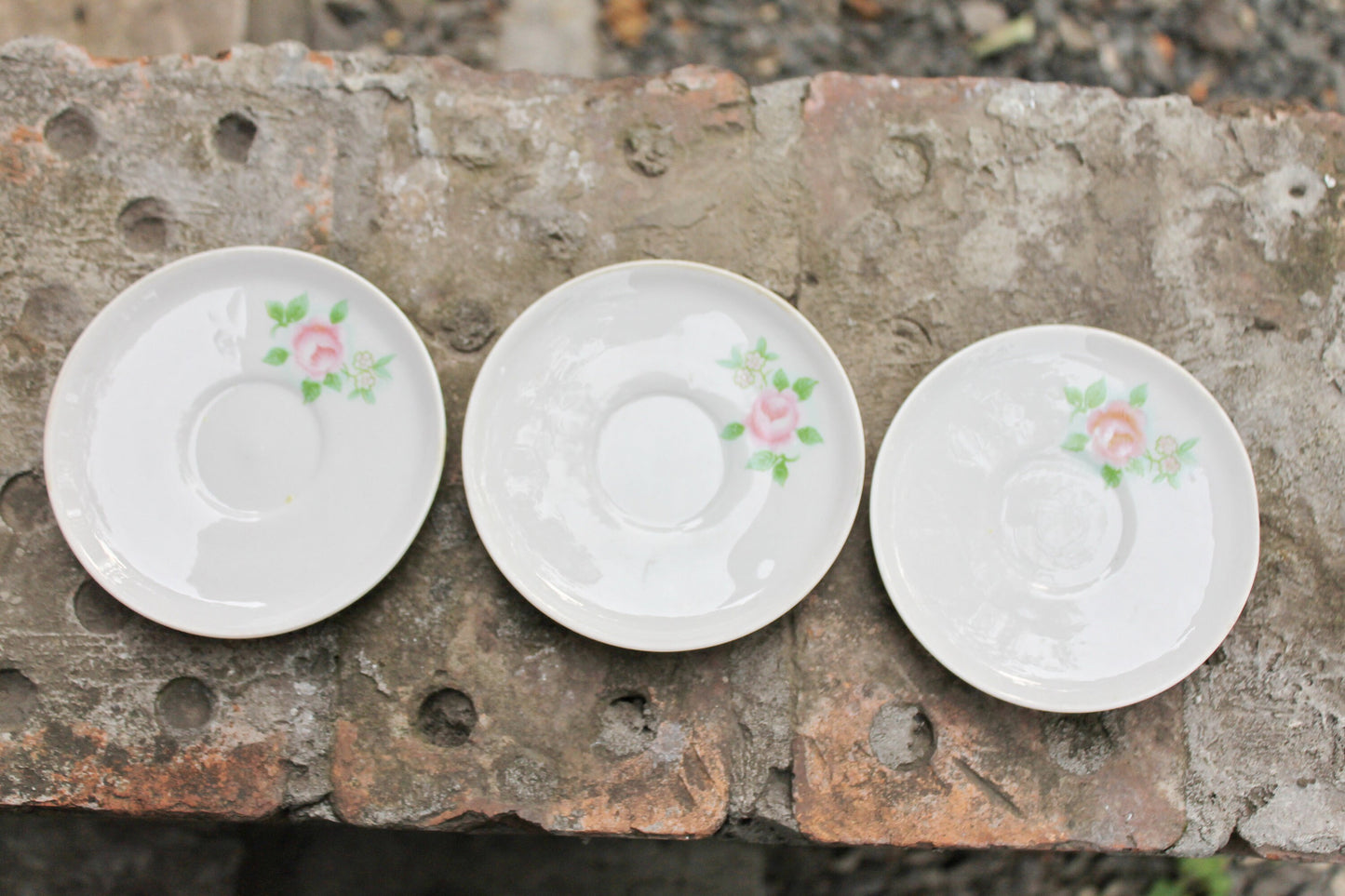 Set of 3 USSR vintage ceramic saucers from servise  - Dobrush Porcelain Factory - beautiful soviet ceramic saucers  - 1970s - Belorus SSR