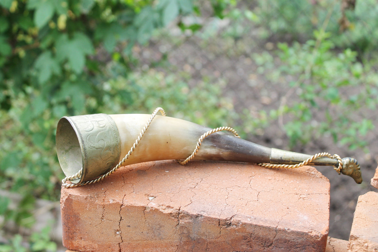 Genuine Cow Horn 12.6 inches long - Viking Wild Drinking Horn - Soviet Horn Collectibles - Horn framed in iron with some decor - 1970s