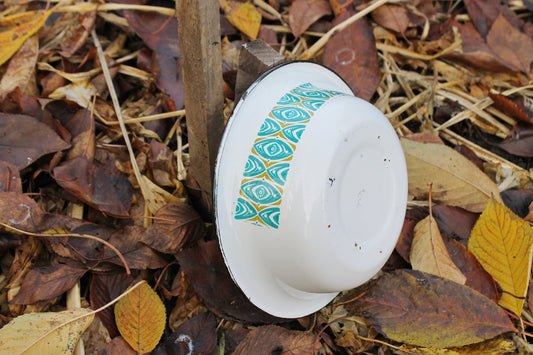 Enamel metal vintage bowl with blue ornament  7.5 inches - USSR vintage bowl - made of enamel metal - 1970s