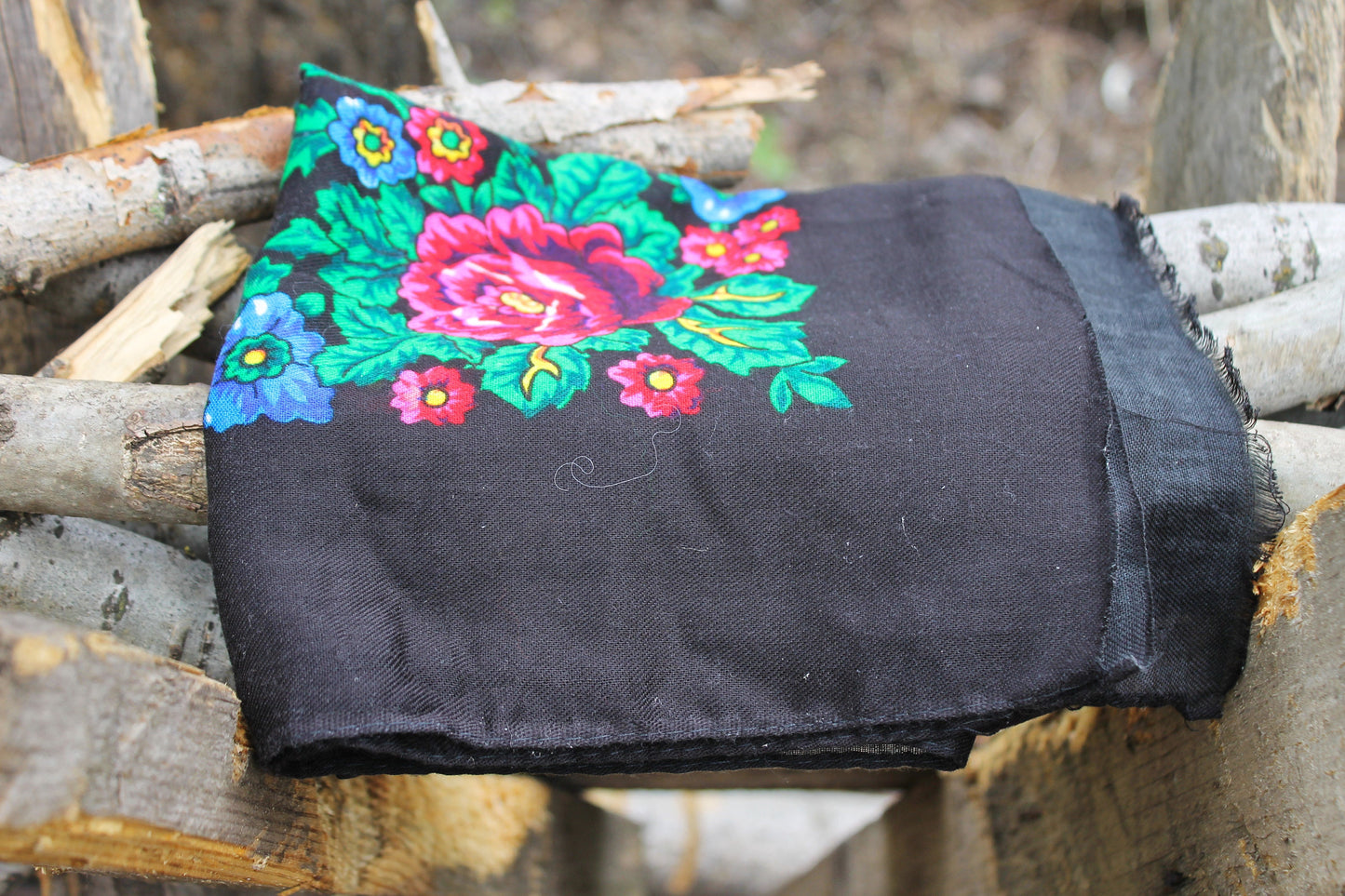 Beautiful black floral wool head scarf - 30 inch - Soviet vintage-made in USSR  - Babushka's head scarf - 1970s - Gypsy Shawl, Ethnic Scarf