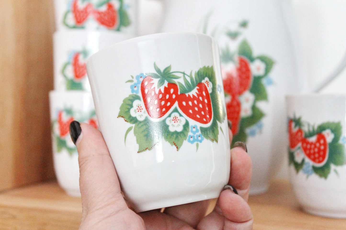 Big Pitcher and five glasses with strawberry ornament - Vintage Set - USSR porcelain - made in Ukraine in 1970s