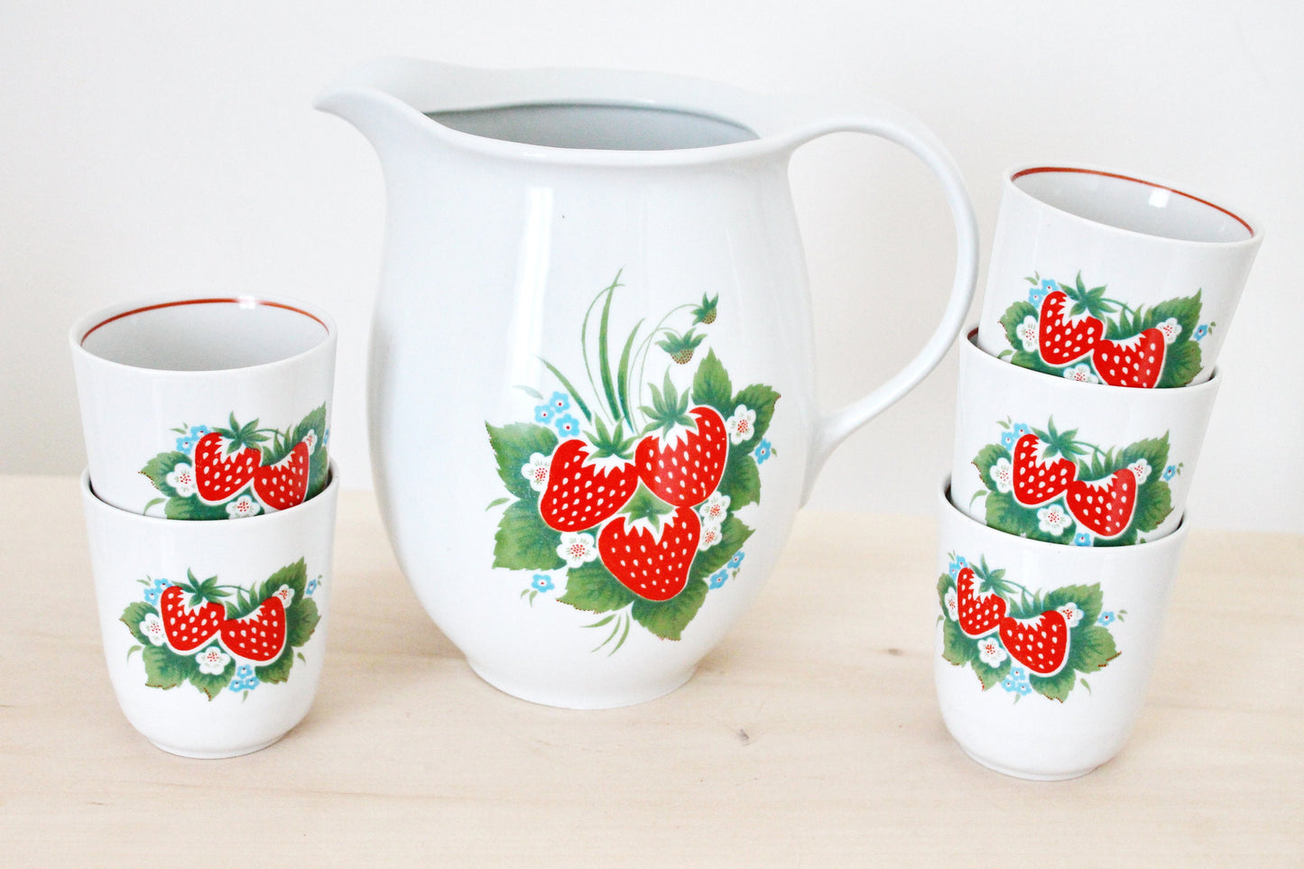 Big Pitcher and five glasses with strawberry ornament - Vintage Set - USSR porcelain - made in Ukraine in 1970s