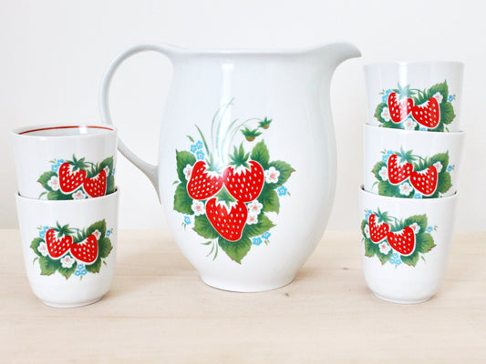 Big Pitcher and five glasses with strawberry ornament - Vintage Set - USSR porcelain - made in Ukraine in 1970s