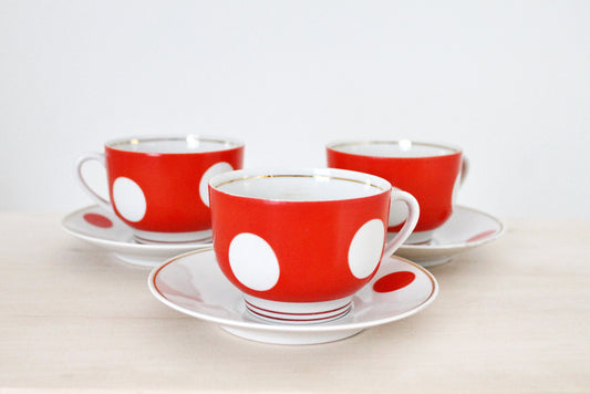 Soviet polka dot vintage tea-coffee set of 3, Soviet Porcelain service, Vintage Porcelain set - Dovbysky Porcelain Factory - 1970s