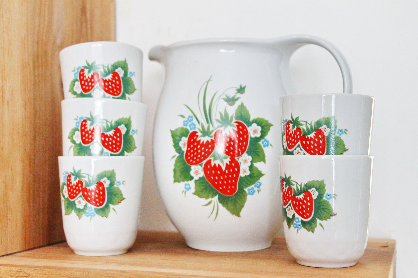 Big Pitcher and five glasses with strawberry ornament - Vintage Set - USSR porcelain - made in Ukraine in 1970s