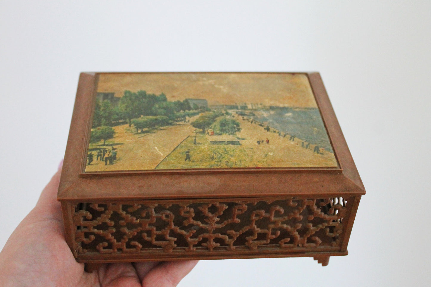 Vintage plastic box - photo of Dnipro town on the lid - ussr vintage box - 1970s - storage vintage box