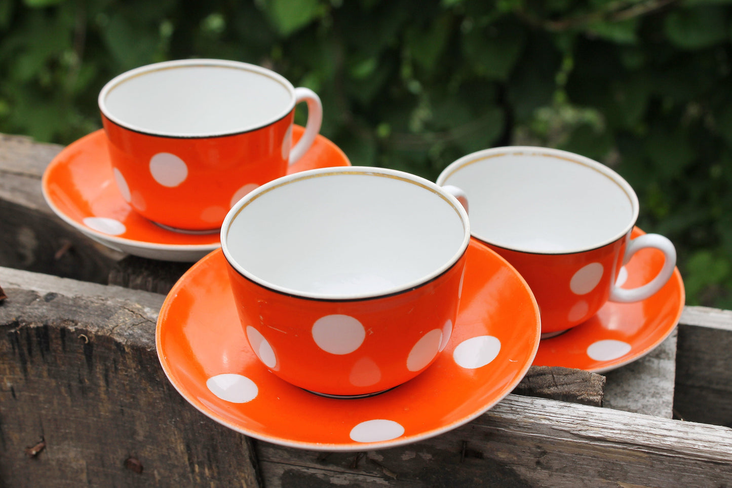 Soviet polka dot vintage tea-coffee set of 3, Soviet Porcelain service, Vintage Porcelain set - 1970-80s - made in Ukraine