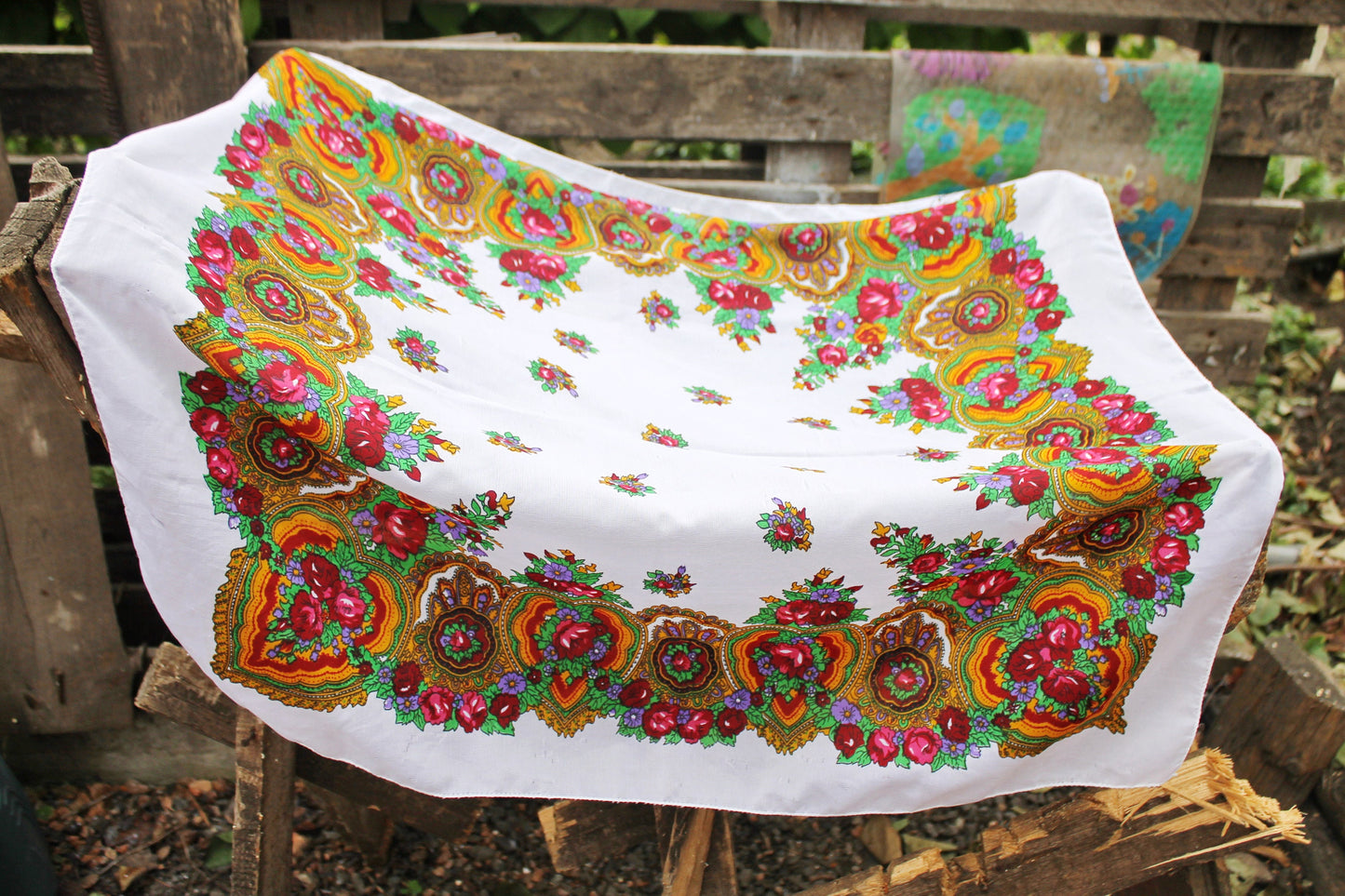 Beautiful white floral head scarf - 32 inch - vintage-made in Ukraine - Babushka's head scarf - 1990s - Gypsy Shawl, Ethnic Scarf