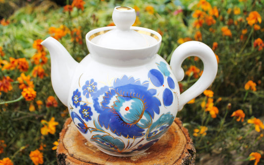 Vintage big Tea Pot with blue flowers - vintage USSR ceramic rare tea pot - beautiful soviet ceramic tea pot - 1970s