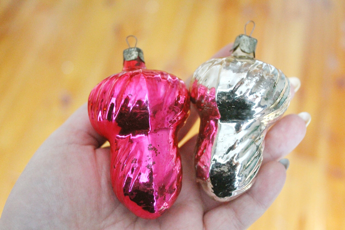 Christmas tree toys - set of two - 3.2 inches - mushrooms decoration - Christmas - New Year Glass Ornament, Made in USSR - 1970s