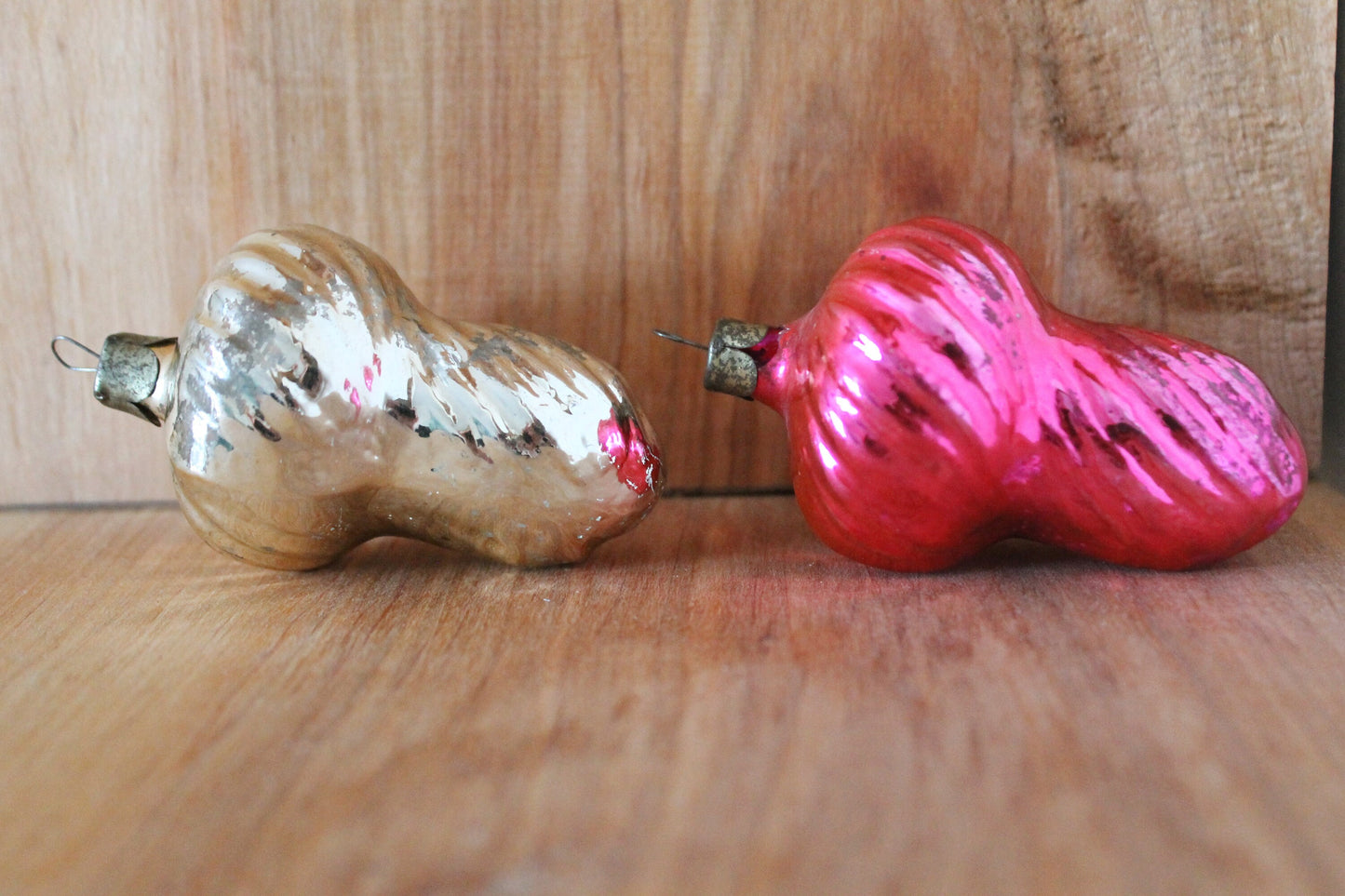 Christmas tree toys - set of two - 3.2 inches - mushrooms decoration - Christmas - New Year Glass Ornament, Made in USSR - 1970s