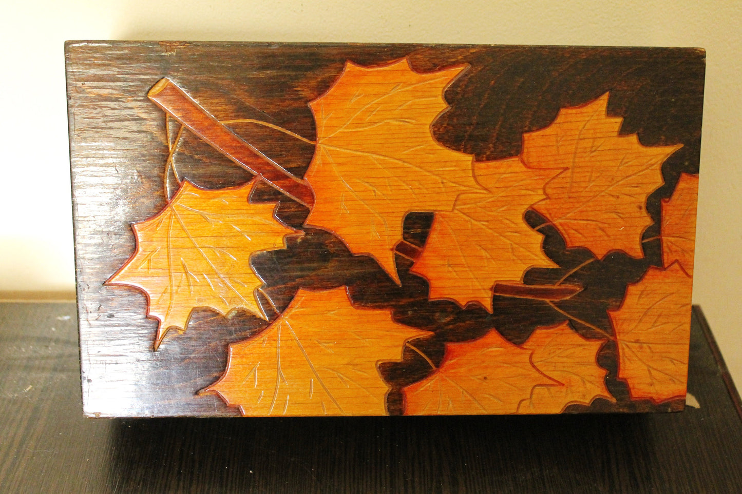 Vintage wooden box 9.8 inches, carved maple leaves - made in Ukraine vintage jewelry box - 1970s