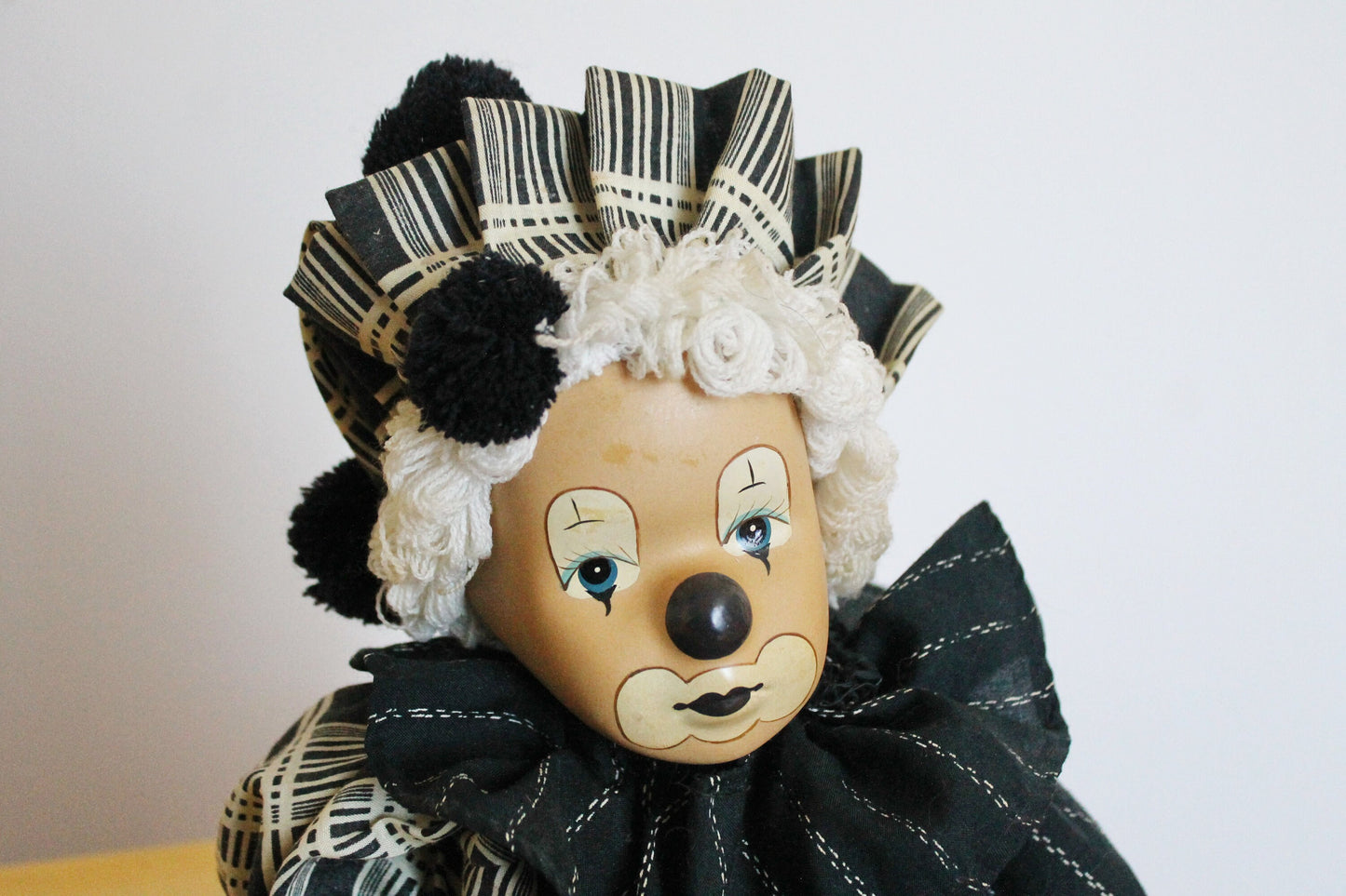 Vintage doll with porcelain face - 18 inches - Sad clown - Hanging toy - Hand painting. Germany. 1970-1980s