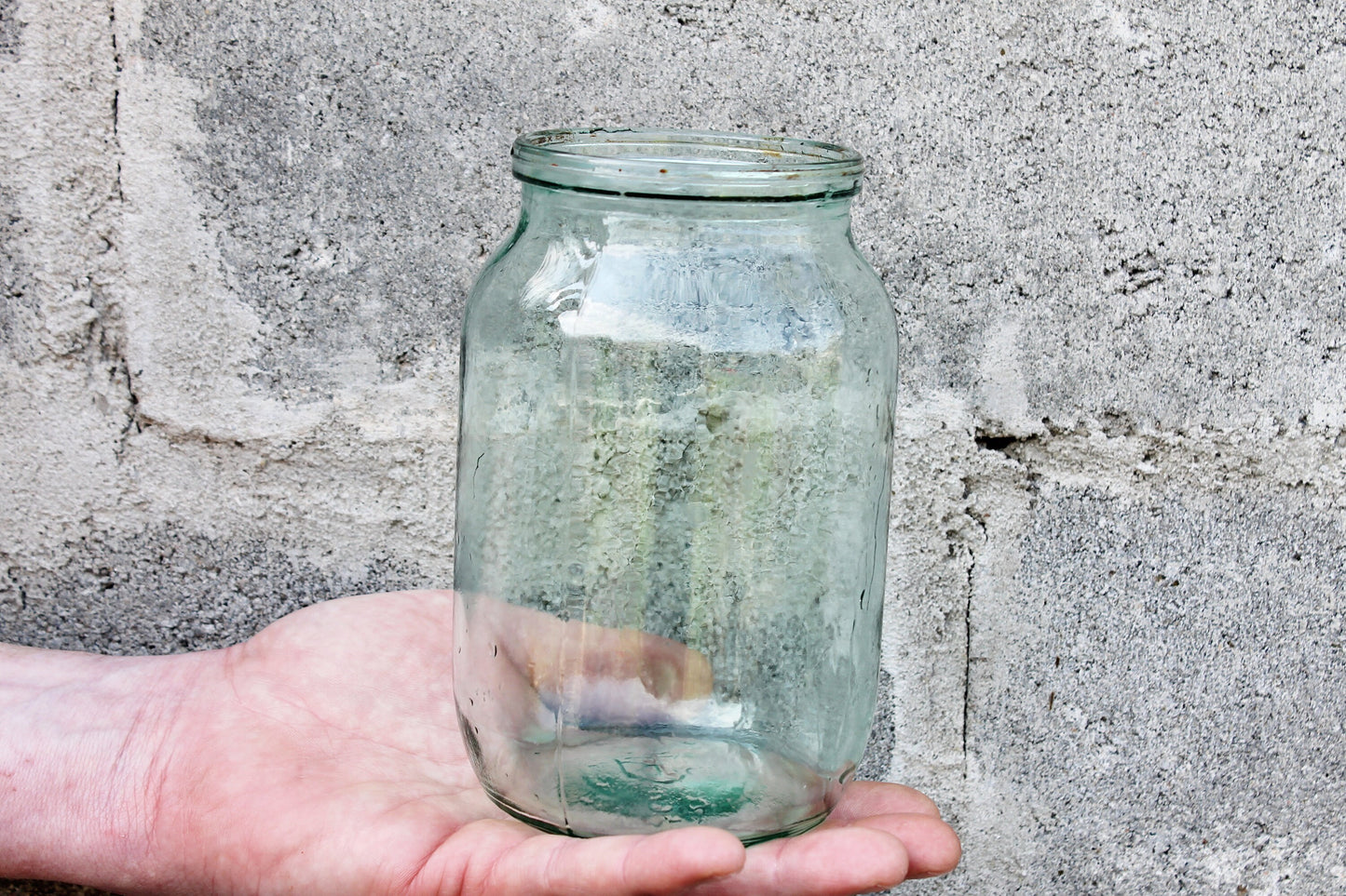 Old glass jar - Antique clear bottle - soviet Storage jar Rustic vase - made in Ukraine