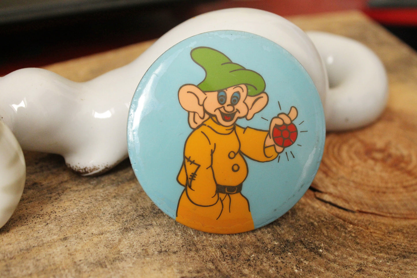 Children's round plastic pin badge Gnome - fairytale, made in USSR, 1980-1990s