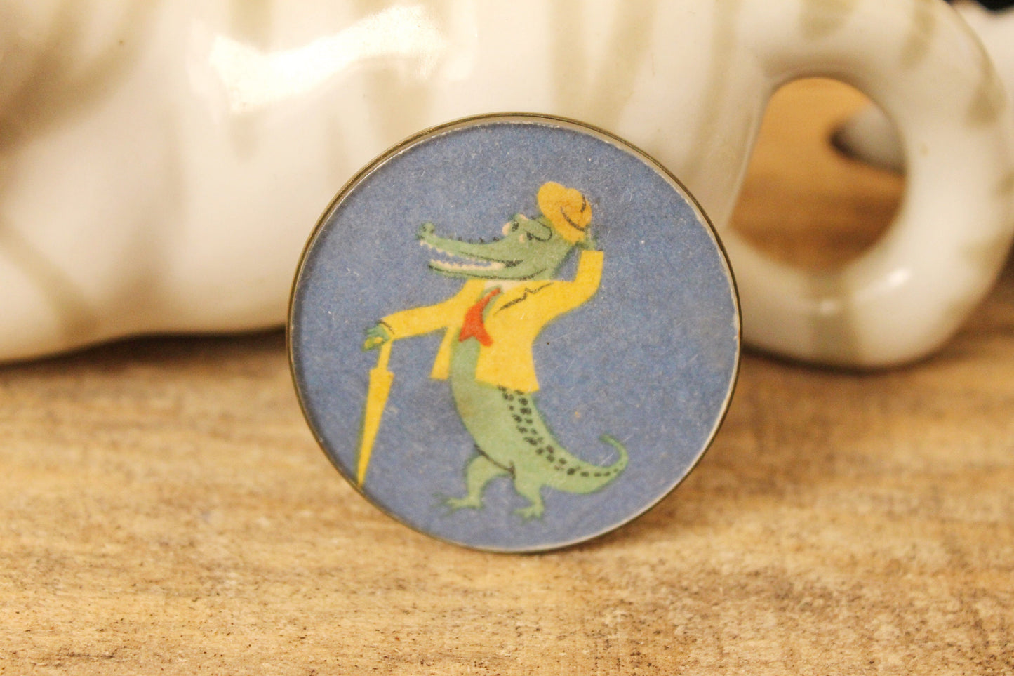 Soviet children's round blue plastic pin badge - Crocodile Gena - fairytale, made in USSR, 1970s