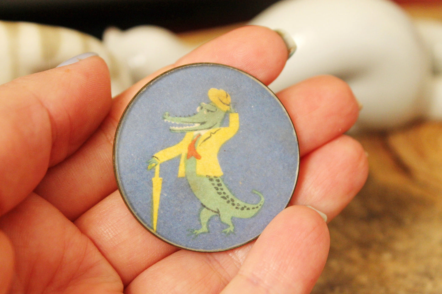 Soviet children's round blue plastic pin badge - Crocodile Gena - fairytale, made in USSR, 1970s