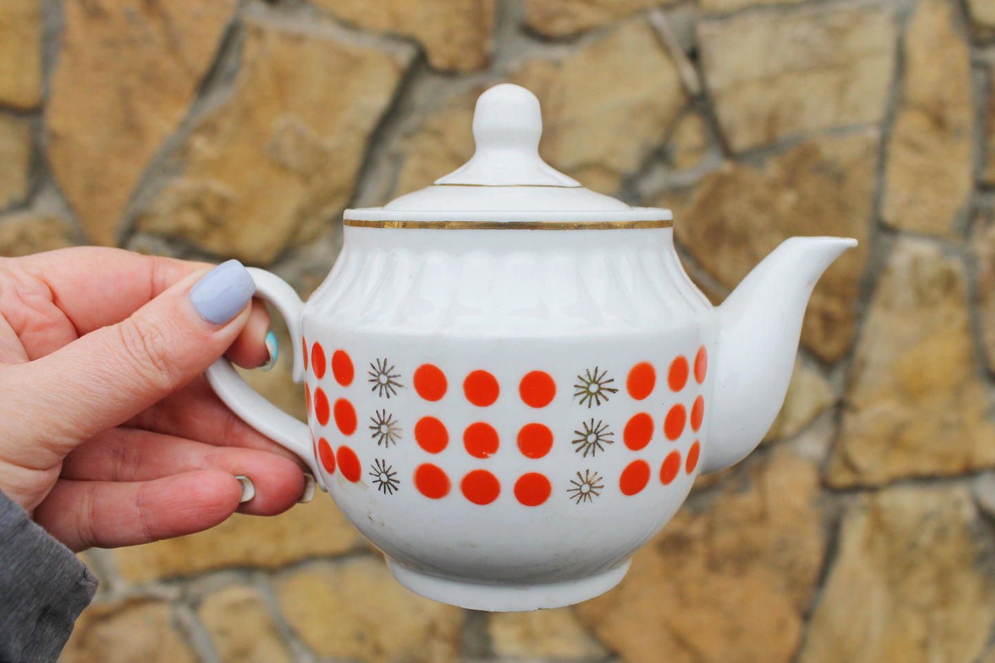 Polka Dot Tea Pot - vintage USSR ceramic rare tea pot - 1970s