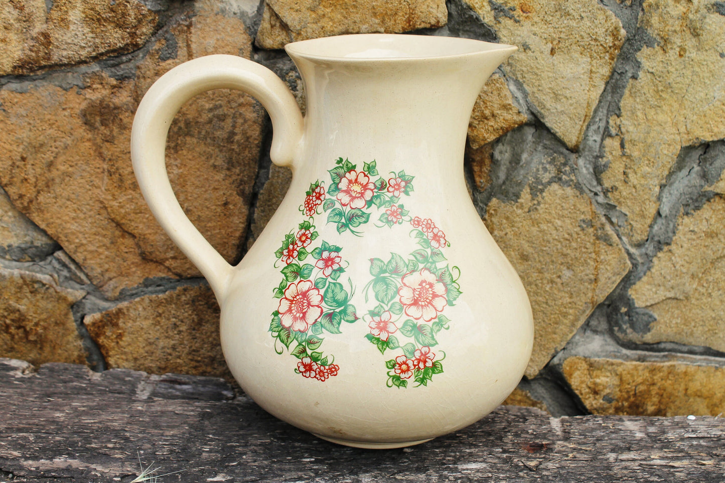 Ceramic Pottery big Clay Pot with beautiful flowers - 9 inches- Vintage USSR clay pot - Old Brown Pots Ukrainian traditional jug - 1980s