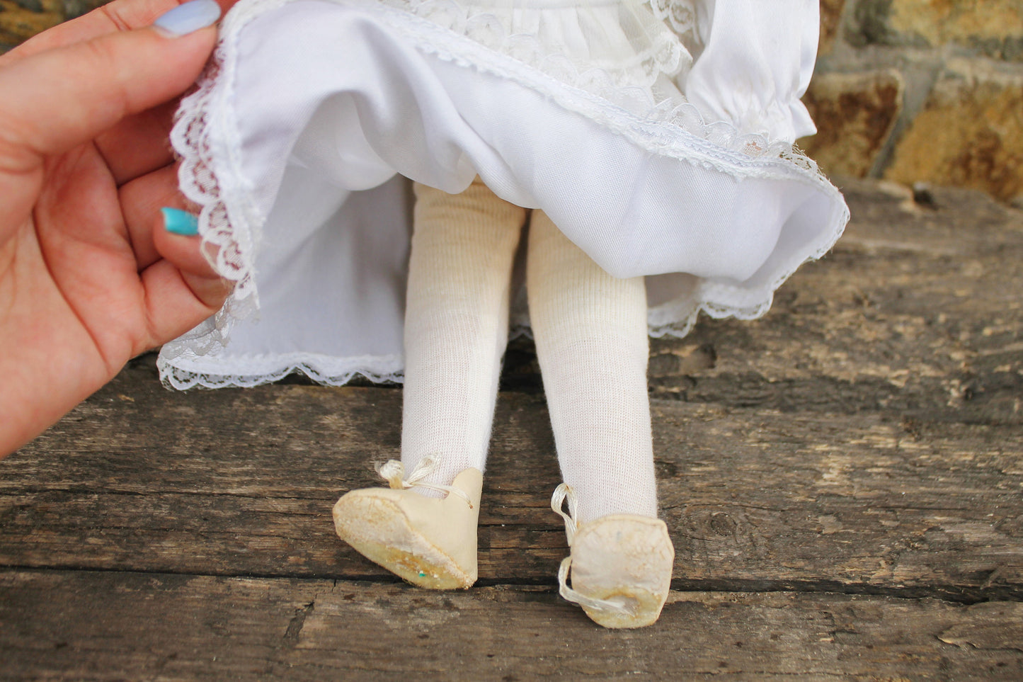 Vintage porcelain Germany cute doll in white dress - 15 inches - Collectible doll - 1970-1980s