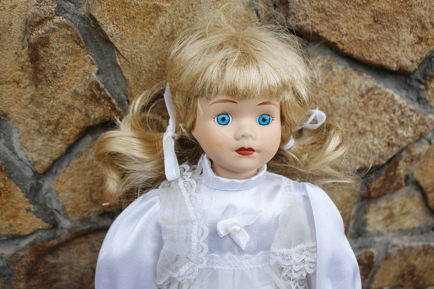 Vintage porcelain Germany cute doll in white dress - 15 inches - Collectible doll - 1970-1980s