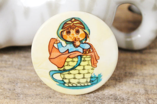 Soviet children's round plastic pin badge - fairytale, made in USSR, 1980s