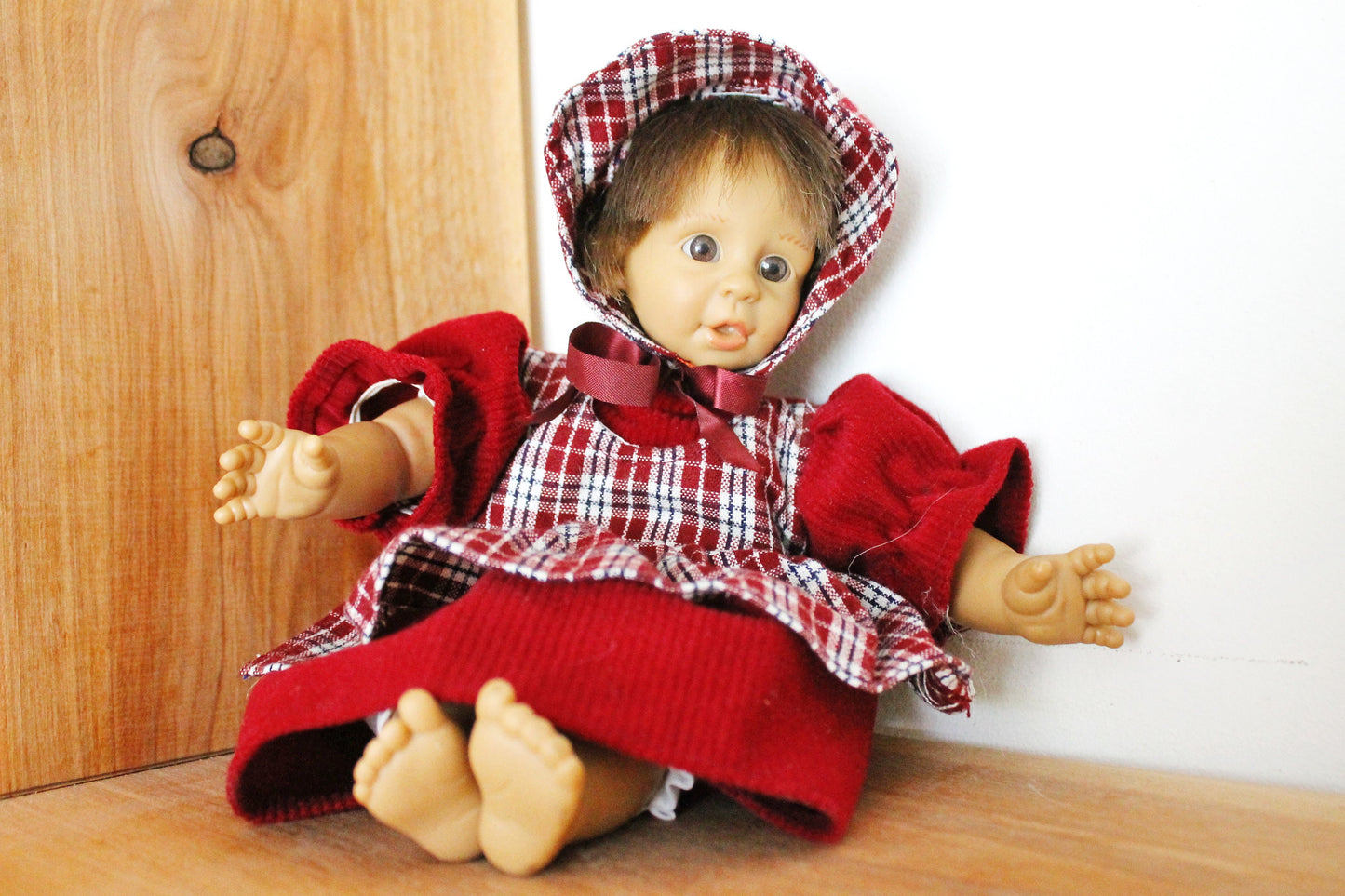 Vintage Germany small doll in bordeaux dress - 10 inches- collectible doll - 1980s