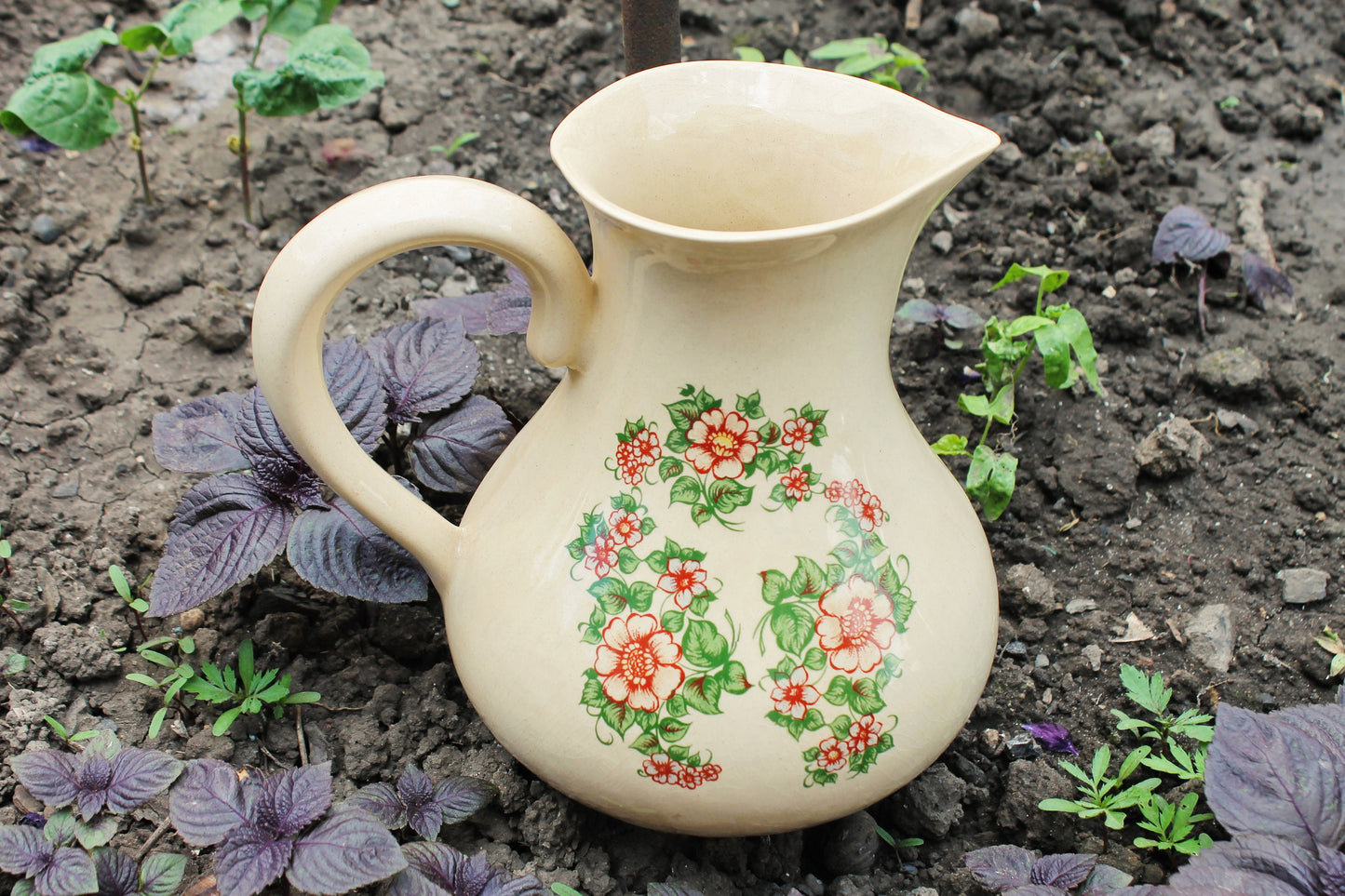 Ceramic Pottery big Clay Pot with beautiful flowers - 9 inches- Vintage USSR clay pot - Old Brown Pots Ukrainian traditional jug - 1980s