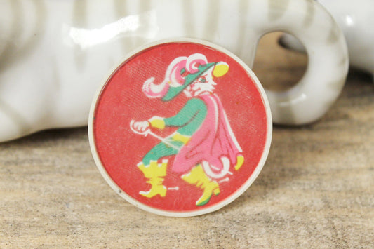 Soviet children's round red plastic pin badge - Cat in boots - fairytale, made in USSR, 1970s