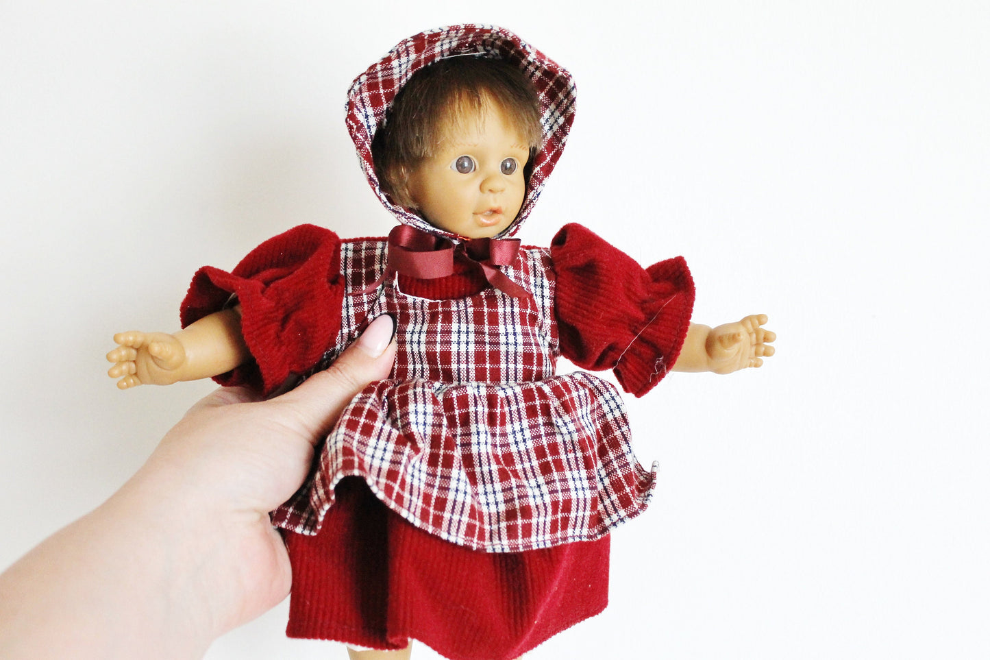 Vintage Germany small doll in bordeaux dress - 10 inches- collectible doll - 1980s