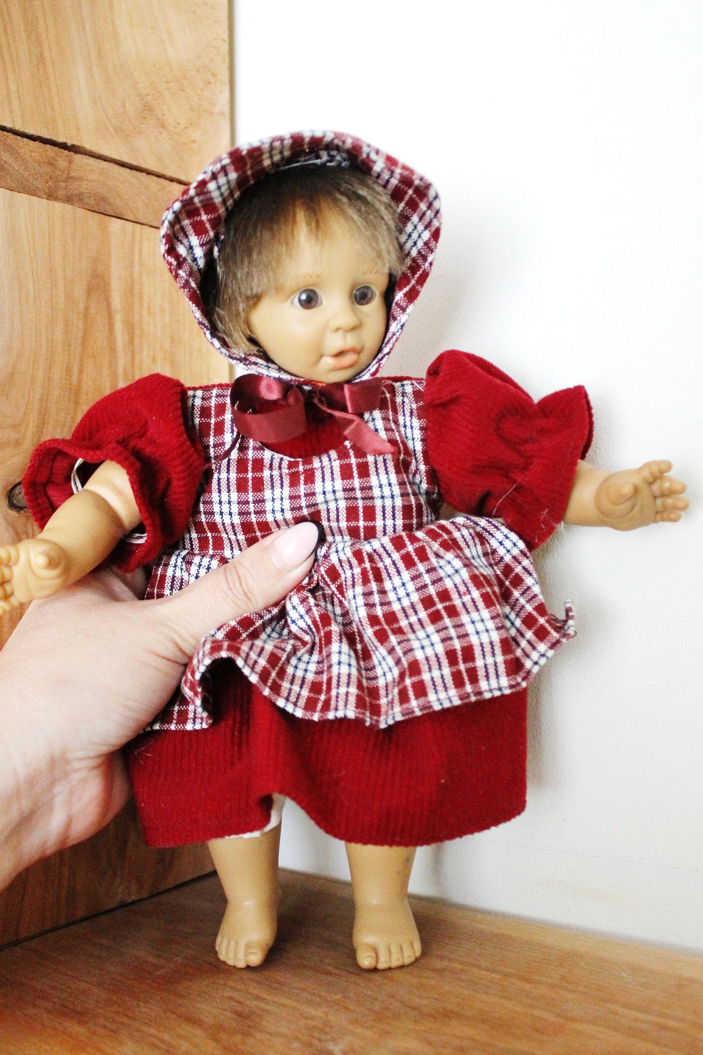 Vintage Germany small doll in bordeaux dress - 10 inches- collectible doll - 1980s