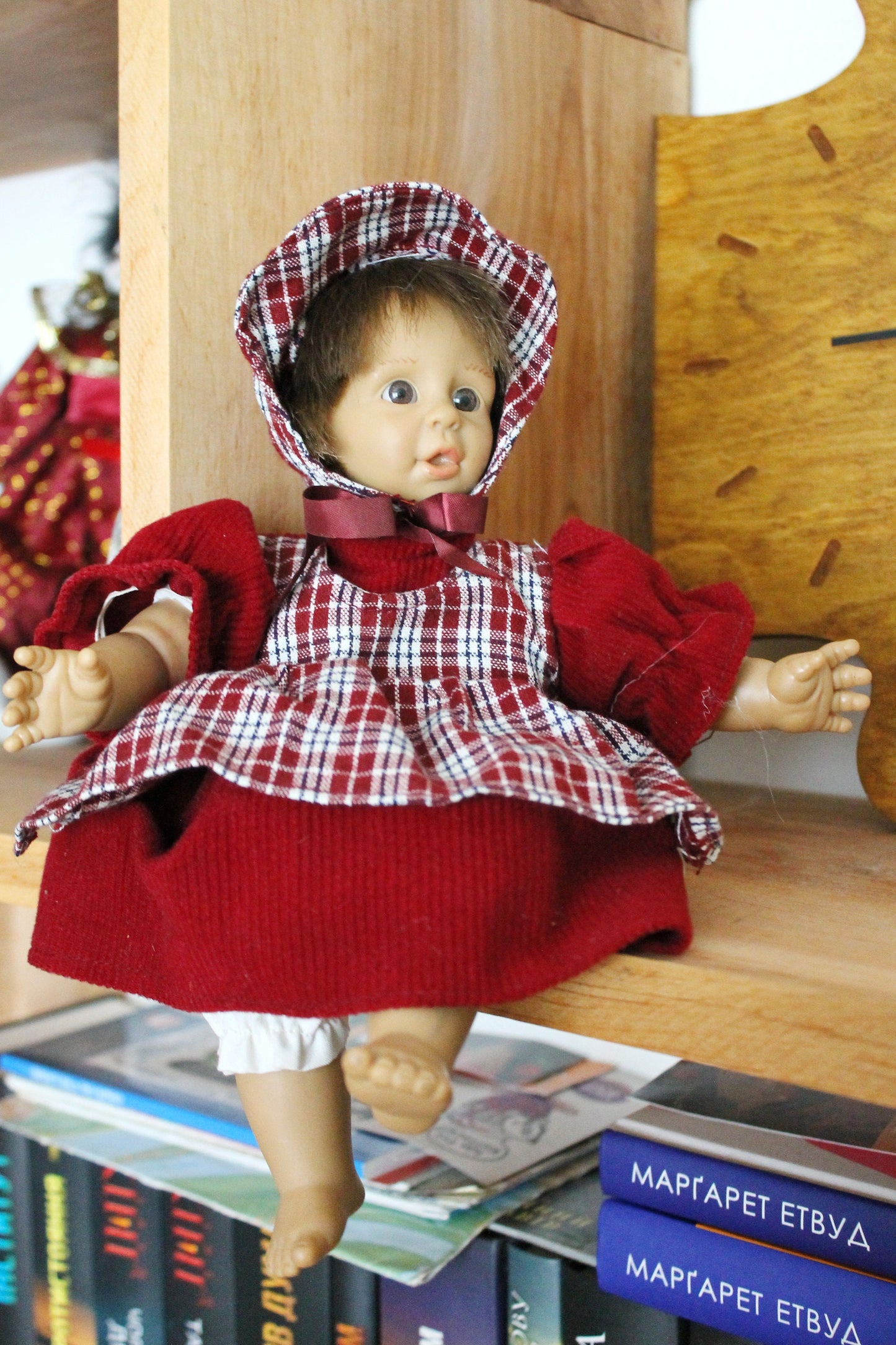 Vintage Germany small doll in bordeaux dress - 10 inches- collectible doll - 1980s