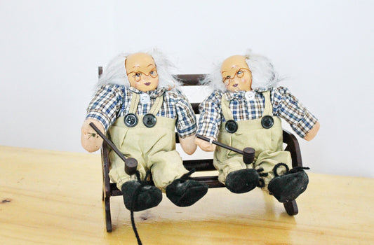 Two old men with hammers on a bench - vintage handmade Germany dolls - 1980s